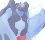  2019 anthro biped blue_skin blush bodily_fluids carracosta cloud fklow front_view genital_fluids hi_res looking_at_viewer male nintendo open_mouth outside penis pok&eacute;mon pok&eacute;mon_(species) precum reptile scalie simple_background solo sweat tapering_penis video_games yellow_eyes 