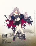  1girl bangs bare_shoulders black_footwear black_gloves black_shorts blush boots breasts character_name coat cross-laced_footwear earphones feather-trimmed_coat floating_hair full_body girls_frontline gloves goggles goggles_around_neck grey_coat grey_hair grey_tank_top gun highres lace-up_boots logo long_hair looking_away medium_breasts multicolored_hair multiple_straps navel off_shoulder official_art open_clothes open_coat purple_eyes purple_hair rifle scope shorts sidelocks single_glove sniper_rifle sola7764 solo stomach streaked_hair t-cms_(girls_frontline) tank_top tinted_eyewear torn_clothes truvelo_cms very_long_hair weapon wristband 