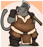  2019 anthro axe black_fur blush bottomwear clothing domestic_cat felid feline felis fur hi_res kusosensei male mammal melee_weapon overweight overweight_male pants pink_nose simple_background solo weapon 
