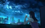  1girl black_eyes blue_sky building cellphone cityscape highres long_hair mamigo moon night night_sky original outdoors phone railing sky skyscraper smartphone smile solo spaghetti_strap standing tsukimi 