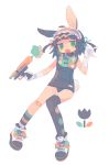  1girl :o \m/ animal_ear_fluff animal_ears argyle argyle_legwear asymmetrical_legwear bandaid bandaid_on_knee bangs black_hair black_legwear blunt_bangs bunny_ears bunny_tail collar daizu_(melon-lemon) expressionless floating flower frills full_body gloves green_eyes hair_ornament hairband hand_up highres holding holding_weapon jitome lolita_hairband looking_at_viewer name_tag no_nose old_school_swimsuit one-piece_swimsuit open_mouth original ribbon school_swimsuit shoes short_hair simple_background sneakers solo striped swimsuit tail tulip two_side_up upper_teeth weapon white_background white_gloves 