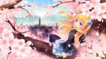  1girl black_shirt blonde_hair blue_eyes cherry_blossoms cityscape cloud cloudy_sky eyebrows_visible_through_hair hair_between_eyes hair_ornament in_tree long_hair long_sleeves looking_at_viewer original outdoors plaid plaid_skirt shinia shirt sitting sitting_in_tree skirt sky solo thighhighs tree white_skirt zettai_ryouiki 