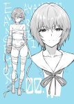  1girl ayanami_rei bandage_over_one_eye bandages bangs bare_shoulders blush breasts closed_mouth collarbone full_body hair_between_eyes legs looking_at_viewer monochrome mushi024 navel neck_ribbon neon_genesis_evangelion ribbon sailor_collar short_hair simple_background small_breasts smile solo thighs 