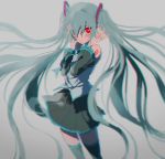  1girl absurdres black_legwear black_skirt blue_hair blurry blush chromatic_aberration depth_of_field detached_sleeves expressionless fingernails floating_hair grey_background grey_shirt hair_over_one_eye hands_on_own_face hatsune_miku highres long_hair looking_away number_tattoo parted_lips pleated_skirt red_eyes rin_(rin7kan7) shirt shoulder_tattoo simple_background skirt sleeveless sleeveless_shirt solo standing tattoo thighhighs thighs twintails very_long_hair vocaloid zettai_ryouiki 