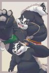  2019 absurd_res anthro badger belly black_fur bulge clothing eyes_closed fangs fur hi_res humanoid_hands male mammal moobs mustelid musteline navel nipples nookdae overweight overweight_male solo tongue underwear 