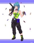  1girl alternate_costume belt black_choker black_footwear black_neckwear black_pants blue_eyes blue_hair blue_nails boots braid breasts brown_gloves bulma capsule capsule_corp carrying_over_shoulder chain chain_necklace character_name choker cleavage clothes_writing commentary dragon_ball ear_piercing earrings english_commentary english_text expressionless eyebrows_visible_through_hair eyelashes fanny_pack finger_on_trigger fingernails full_body gloves green_tank_top gun handgun highres holding holding_gun holding_weapon jewelry letterboxed looking_away medium_breasts necklace outside_border pants piercing radar shiny shiny_hair shiny_skin simple_background solo standing tank_top weapon white_background wide-eyed yuyurourou02 