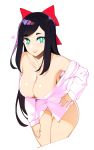  1girl bare_shoulders black_hair bow breasts cleavage commission green_eyes hair_bow halphelt hand_on_hip heart highres large_breasts looking_at_viewer parted_lips red_bow simple_background solo standing thigh_gap white_background 