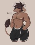  2019 anthro aronhilistix barazoku biceps bottomwear bovid bovine bulge cattle clothed clothing digital_media_(artwork) fur hi_res highland_cattle horn huge_bulge male mammal muscular muscular_male nipples pecs penis_outline simple_background smile solo standing thick_thighs topless 