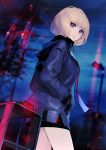  1girl bangs black_skirt blonde_hair blue_eyes blue_jacket blue_sky blurry blurry_background detached_sleeves eyebrows_visible_through_hair fuyuno_yuuki glowing hand_in_pocket highres jacket lamppost long_sleeves looking_at_viewer looking_back night night_sky original outdoors parted_lips power_lines short_hair skirt sky solo standing transmission_tower 