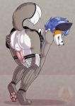  2019 anthro anus arctic_fox balls bottomless bottomwear butt canid canine clothed clothing crossdressing digital_media_(artwork) erection fox fur grumpy_griffin_creations_(artist) hair hi_res invalid_tag legwear looking_at_viewer looking_back maid_uniform male mammal penis presenting raised simple_background skirt smile solo tongue uniform upskirt white_fur 