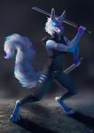  canid canine clothing colorful conditional_dnp cyberpunk fluffy fox hi_res hybrid maaia male mammal maned_wolf melee_weapon painting solo sword weapon 