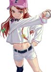  1girl baseball baseball_cap baseball_uniform belt black_legwear blush braid fkey hair_ornament hairclip hat highres long_hair looking_at_viewer midriff navel original red_eyes red_hair shorts simple_background single_thighhigh sleeves_past_wrists slit_pupils smile solo sportswear thighhighs white_background 