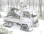  1girl 2boys assault_rifle battle_rifle brown_hair camouflage car caterpillar_tracks driving earmuffs gloves goggles goggles_around_neck ground_vehicle gun half-track helmet honda howa_type_64 jettoburikku long_sleeves machine_gun military military_uniform military_vehicle motor_vehicle motorcycle multiple_boys original outdoors rifle short_hair skis snow soldier standing steering_wheel truck uniform weapon 