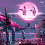  artist_name cityscape full_moon gen_3_pokemon minun moon night no_humans plusle pokemon pokemon_(creature) pokemon_(game) power_lines red_moon rope_walking vaporwave ztufs 