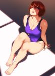  1girl barefoot blush breasts brown_hair cleavage feguimel highres one-piece_swimsuit one_eye_closed original parted_lips purple_eyes short_hair sitting solo swimsuit teeth 