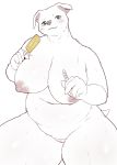  anthro areola barely_visible_genitalia barely_visible_pussy blue_eyes blush bodily_fluids canid canine canis dessert domestic_dog female food front_view fur fur_tuft glistening glistening_fur hi_res ice_cream kemono mammal morokko nipples nude pussy simple_background slightly_chubby solo sweat thick_thighs tuft voluptuous white_background wide_hips 