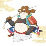  1:1 2019 absurd_res anthro belly bottomwear brown_fur canid canine canis clothing domestic_dog eyewear fatkylefat fur glasses hi_res humanoid_hands male mammal melee_weapon moobs navel overweight overweight_male pants solo sword weapon 