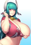  1girl animal_ears aqua_hair bell bell_collar blue_background blue_eyes breasts cleavage collar cow_bell cow_ears gradient gradient_background grin hakai_shin highres horns huge_breasts long_hair looking_at_viewer navel nipples one_breast_out red_shirt shirt smile solo very_long_hair white_background 