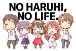  2boys 3girls alternate_costume asahina_mikuru black_eyes black_hair blue_skirt brown_hair casual chibi closed_eyes commentary_request grey_hair hairband index_finger_raised koizumi_itsuki kyon long_hair long_skirt looking_at_viewer multiple_boys multiple_girls nagato_yuki one_eye_closed red_skirt shirt short_hair simple_background skirt smile standing suzumiya_haruhi suzumiya_haruhi_no_yuuutsu t-shirt taiki_(6240taiki) white_background white_shirt white_skirt yellow_hairband 