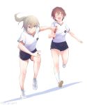  2girls absurdres akaboshi_koume alternate_hairstyle black_shorts blue_eyes brown_hair closed_eyes commentary cross-laced_footwear dutch_angle emblem frown girls_und_panzer gym_shirt gym_shorts gym_uniform hair_between_eyes highres itsumi_erika kuromorimine_(emblem) medium_hair multiple_girls open_mouth oze_(xyz_go_go11) parted_lips ponytail relay_baton running shadow shirt shoes short_hair short_shorts short_sleeves shorts silver_hair sneakers socks twitter_username white_footwear white_legwear white_shirt 