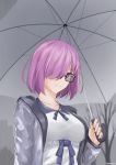  1girl absurdres fate/grand_order fate_(series) hair_over_one_eye highres hood hoodie looking_at_viewer mash_kyrielight purple_eyes purple_hair rain satyarizqy short_hair smile solo umbrella upper_body 