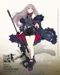  1girl bangs black_footwear black_gloves black_shorts boots breasts character_name coat cross-laced_footwear earphones feather-trimmed_coat floating_hair full_body girls_frontline gloves goggles goggles_around_neck grey_coat grey_hair grey_tank_top gun highres holding holding_gun holding_weapon lace-up_boots logo long_hair looking_away medium_breasts multicolored_hair multiple_straps off_shoulder official_art open_clothes open_coat purple_eyes purple_hair rifle scope shorts sidelocks single_glove sniper_rifle sola7764 solo streaked_hair t-cms_(girls_frontline) tank_top tinted_eyewear truvelo_cms very_long_hair weapon wristband 