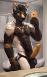  2019 anthro athletic balls bathroom black_fur canid canine chunie clothed clothing detailed_background digital_media_(artwork) ear_piercing erection fur hi_res holding_cellphone humanoid_penis inside jewelry jockstrap looking_at_viewer male mammal navel necklace partially_clothed penis piercing precum_drip retracted_foreskin selfie smile solo topless uncut underwear white_fur yellow_fur zaccai 