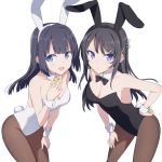  2girls :d animal_ears bare_shoulders black_hair black_hairband black_leotard black_neckwear blue_eyes blush bow bowtie breasts brown_legwear bunny_ears bunny_girl bunny_hair_ornament bunny_tail bunnysuit cleavage closed_mouth collar commentary_request cowboy_shot detached_collar fake_animal_ears gochou_(atemonai_heya) hair_ornament hairband hand_on_hip leaning_forward leotard long_hair looking_at_viewer makinohara_shouko medium_breasts multiple_girls open_mouth pantyhose purple_eyes sakurajima_mai seishun_buta_yarou simple_background small_breasts smile strapless strapless_leotard tail v-shaped_eyebrows very_long_hair white_background white_collar white_hairband white_leotard wrist_cuffs yellow_neckwear 