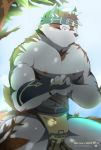  2018 accessory anthro canid canine canis chaseskyver clothing fur headband horkeukamui male mammal multicolored_fur muscular muscular_male nipples pecs tokyo_afterschool_summoners video_games white_fur wolf 