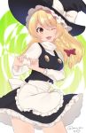  1girl ;d apron asa_(coco) bangs black_headwear black_skirt black_vest blonde_hair blush bow braid breasts brown_eyes commentary_request cowboy_shot eyebrows_visible_through_hair fang frilled_apron frills hair_between_eyes hair_bow hat hat_bow heart heart_hands kirisame_marisa long_hair long_sleeves looking_at_viewer medium_breasts miniskirt one_eye_closed open_mouth petticoat red_bow shirt single_braid skin_fang skirt skirt_set smile solo standing thighs touhou twitter_username vest waist_apron white_apron white_background white_bow white_shirt witch_hat 