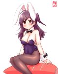  1girl ahoge alternate_costume animal_ears artist_logo black_eyes black_legwear black_neckwear bow bowtie breasts bunny_ears bunny_tail bunnysuit carrot cleavage clenched_hand commentary_request cushion dated detached_collar feet_out_of_frame hagikaze_(kantai_collection) hair_over_shoulder highres kanon_(kurogane_knights) kantai_collection leotard long_hair looking_at_viewer md5_mismatch medium_breasts one_side_up pantyhose purple_hair purple_leotard revision simple_background sitting smile solo strapless strapless_leotard tail white_background wrist_cuffs 