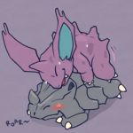  1:1 2019 2_fingers 2_toes 3_fingers ambiguous_gender argon_vile blush claws duo eyes_closed grey_body hi_res lying male male/ambiguous motion_lines nidorino nintendo nude on_front pok&eacute;mon pok&eacute;mon_(species) purple_background purple_body rhyhorn signature simple_background sound_effects toes video_games 