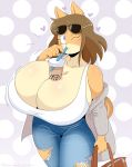  2019 anthro beverage big_breasts black_nose blue_eyes bottomwear breasts brown_hair bubble_tea canid canine canis cleavage cleavage_overflow clothed clothing domestic_dog drinking eyewear female fully_clothed hair hi_res huge_breasts jeans jinu june_(jinu) looking_at_viewer mammal one_eye_closed pants shiba_inu shirt short_hair solo spitz sunglasses tank_top topwear torn_clothing wink 