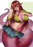  1girl artist_name belt bokuman breasts fang hair_ornament hair_over_one_breast hair_over_shoulder hairclip hands_on_own_breasts lamia large_breasts lips long_hair looking_at_viewer midriff miia_(monster_musume) miniskirt monster_girl monster_musume_no_iru_nichijou navel open_mouth pointy_ears red_hair scales shirt skirt slit_pupils solo tail tied_shirt yellow_eyes 