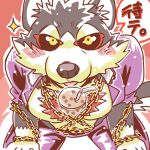  1:1 black_fur black_sclera blush bubble_tea canid canine canis chain clothed clothing domestic_dog fur garmr hands-free_bubble_tea japanese_text male mammal meme muscular muscular_male nikunabe1989 open_shirt pecs sitting text tokyo_afterschool_summoners tongue video_games yellow_eyes 