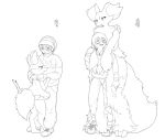  ambiguous_gender anthro biped blush bottomwear braixen clothed clothing delphox eyewear full-length_portrait fully_clothed fur glasses human inner_ear_fluff japanese_text looking_at_another looking_down looking_up male mammal morokko nintendo pants pok&eacute;mon pok&eacute;mon_(species) portrait simple_background text video_games white_background 
