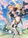  1girl armor bangs blue_cape blue_sky cape cherry_blossoms cloud cloudy_sky commentary_request company_name copyright_name day female_my_unit_(fire_emblem_if) fire_emblem fire_emblem_cipher fire_emblem_if gloves grass hairband hand_on_own_chest holding holding_sword holding_weapon itou_misei leg_up long_hair long_sleeves looking_at_viewer my_unit_(fire_emblem_if) official_art outdoors petals puffy_sleeves red_eyes shiny shiny_hair sky solo sparkle sword thighhighs toeless_legwear weapon white_hair 