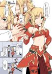  1boy 1girl angry black_hair blonde_hair blush braid breast_grab breasts cleavage commentary_request detached_sleeves eyebrows_visible_through_hair fate/grand_order fate_(series) fujimaru_ritsuka_(male) grabbing green_eyes hair_ornament hair_scrunchie long_hair looking_at_viewer medium_breasts mordred_(fate) mordred_(fate)_(all) navel one_eye_closed ponytail red_scrunchie red_sleeves scrunchie shiseki_hirame short_hair smile solo_focus translation_request 
