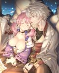  1boy 1girl :o atelier_(series) atelier_escha_&amp;_logy bead_bracelet beads blanket bracelet breasts brown_eyes chihaya_72 choker cleavage closed_eyes closed_mouth collarbone couple escha_malier highres jewelry large_breasts logix_ficsario long_sleeves looking_at_another necklace night night_sky pink_hair short_hair silver_hair sky sleeping twintails 