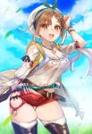  1girl :d atelier_(series) atelier_ryza belt blue_sky breasts brown_eyes brown_gloves brown_hair brown_legwear cleavage cloud commentary_request day eyebrows_visible_through_hair gloves grass hair_ornament hairclip hat highres jewelry kokouno_oyazi looking_at_viewer medium_breasts navel necklace open_mouth red_shorts reisalin_stout short_hair short_shorts shorts single_glove sky smile solo standing star teeth thighhighs thighs upper_teeth white_headwear white_legwear 