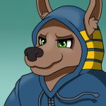  1:1 anthro anubis brown_fur canid canine canis clothing deity digital_media_(artwork) egyptian_mythology fur green_eyes hoodie jackal male mammal middle_eastern_mythology mythology smile smite solo topwear wildwolfproduction 