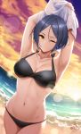  1girl ;) armpits arms_up artist_logo artist_name bangs beach bikini black_bikini black_hair breasts cleavage closed_mouth cloud collarbone commentary_request cowboy_shot groin halter_top halterneck hayami_kanade highres idolmaster idolmaster_cinderella_girls infinote jewelry looking_at_viewer medium_breasts navel necklace ocean one_eye_closed outdoors parted_bangs sand shirt short_hair skindentation sky smile solo standing stomach sunset swimsuit undressing white_shirt yellow_eyes 