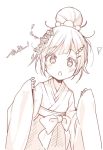  /\/\/\ 1girl bangs blush chestnut_mouth commentary_request copyright_request eyebrows_visible_through_hair hair_bun hair_ornament hairclip hakama japanese_clothes jigatei_(omijin) kimono long_sleeves looking_at_viewer monochrome parted_lips short_hair sidelocks simple_background sleeves_past_wrists solo translation_request white_background wide_sleeves 