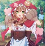  1girl :d absurdres animal_ears animal_hood apron arms_up bangs blurry blurry_background blush braid breasts brown_gloves brown_hair cleavage cloak eyebrows_visible_through_hair fake_animal_ears fang frilled_apron frills gloves green_eyes hair_between_eyes hair_over_shoulder hands_up highres hood hood_up hooded_cloak lens_flare long_hair looking_at_viewer low_twintails medium_breasts nijisanji open_mouth paw_gloves paws plaid plaid_skirt pleated_skirt sapphire_(sapphire25252) shirt skirt smile solo sparkle tree twin_braids twintails v-shaped_eyebrows virtual_youtuber waist_apron warabeda_meijii white_apron white_shirt 