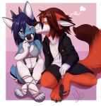  2019 4_toes anthro black_nose blue_eyes brown_hair canid canine cervid digital_media_(artwork) duo female fox hair male mammal purple_hair sitting toes wolflady 