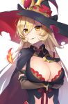  1girl arms_under_breasts bangs black_cape black_dress black_gloves black_headwear blonde_hair blush breast_hold breasts brown_cape brown_eyes brown_sleeves cape cleavage commentary_request crossed_arms detached_sleeves dress eyebrows_visible_through_hair fang fang_out fire gloves hair_between_eyes hat highres large_breasts long_sleeves looking_away looking_to_the_side multicolored multicolored_cape multicolored_clothes nijisanji nui_sociere omelet_tomato parted_lips partly_fingerless_gloves simple_background solo torn_clothes torn_hat upper_body virtual_youtuber white_background witch witch_hat 