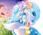  1girl arms_up bangs blue_eyes blue_hair bracelet closed_mouth cowboy_shot cure_ange dress earrings eyebrows_visible_through_hair flower highres hugtto!_precure jewelry layered_dress long_hair long_sleeves looking_at_viewer precure see-through shiny shiny_hair short_dress smile solo standing very_long_hair white_dress white_flower yellow_flower yuutarou_(fukiiincho) 
