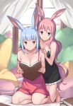  2girls animal_ears bangs bare_shoulders barefoot bed black_dress blue_hair blunt_bangs book breasts brown_eyes bunny_ears canopy_bed cleavage collarbone commentary day dress eyebrows_visible_through_hair frilled_dress frills hands_on_another&#039;s_shoulders highres holding holding_book indoors kneeling large_breasts long_hair macaron_pillow multiple_girls open_book original pink_dress pink_hair purple_eyes saiste sitting sleeveless sleeveless_dress smile strap_slip wavy_mouth window 