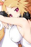  1girl alternate_breast_size alternate_hairstyle animal_ears backless_outfit blonde_hair bow breasts bunny_ears disgaea eyebrows_visible_through_hair fur_trim iwasi-r large_breasts leotard long_hair looking_at_viewer makai_senki_disgaea_5 red_bow red_eyes sideboob smile usalia_(disgaea) 