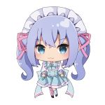  :3 absurdres bangs big_head black_footwear blue_bow blue_eyes blue_hair blue_skirt blush bow chibi closed_mouth copyright_request eyebrows_visible_through_hair full_body hair_between_eyes hair_ribbon high-waist_skirt highres kneehighs long_hair long_sleeves looking_at_viewer maid_headdress mismatched_legwear pink_ribbon pleated_skirt ribbon sapphire_(sapphire25252) shirt shoes sidelocks simple_background single_kneehigh single_thighhigh skirt standing standing_on_one_leg striped striped_legwear thighhighs twintails virtual_youtuber white_background white_shirt 